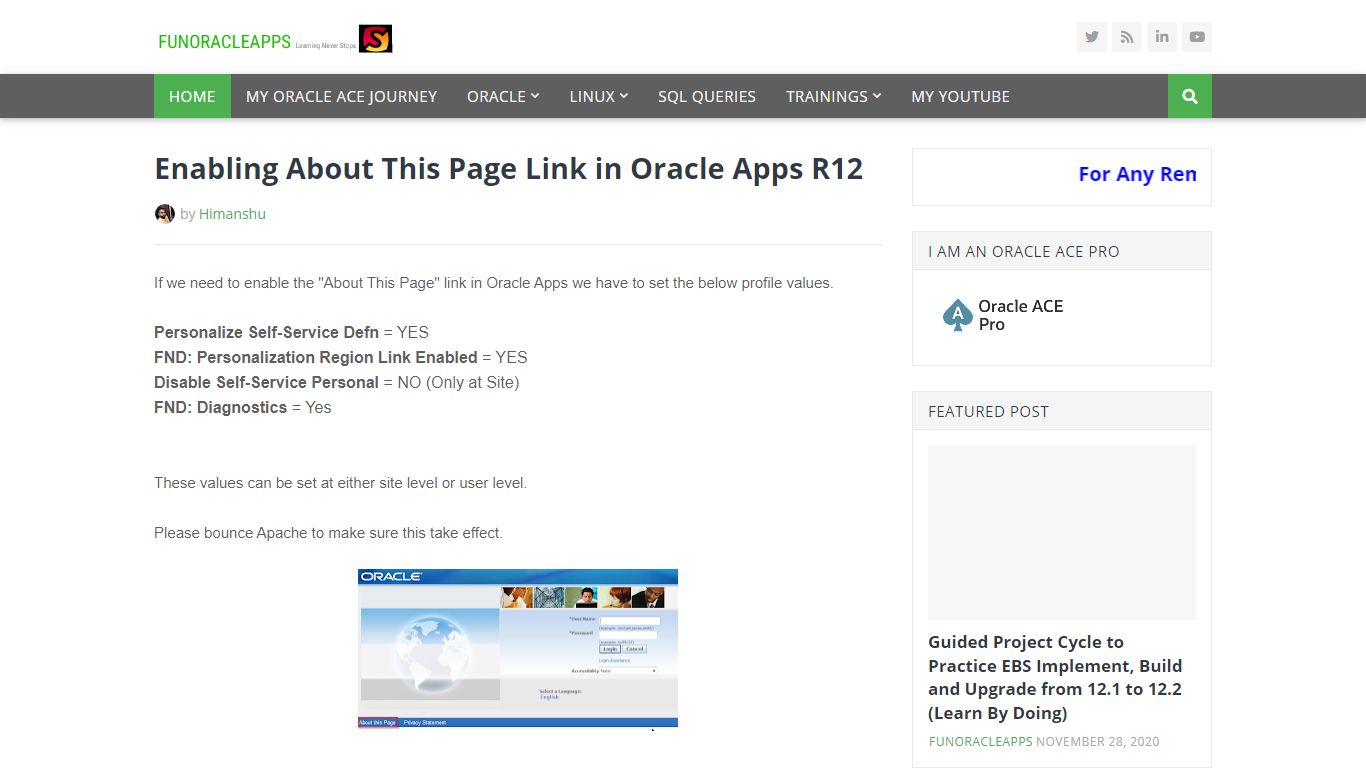 Enabling About This Page Link in Oracle Apps R12